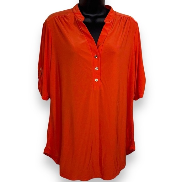 XL CORAL ORANGE STRETCH BLOUSE TOP GOLD ACCENT HALF SLEEVE STRETCH VNECK - Picture 1 of 13